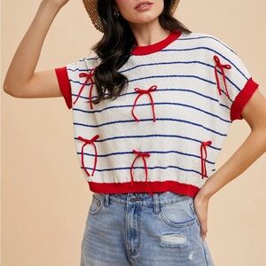 NWT Anniewear Bow Short Sleeve Sweater Red White Blue